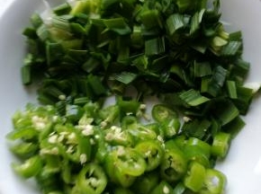 大蒜叶、尖椒洗净切小粒，生姜切丝。
