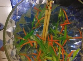 6.  调汤，将胡萝卜丝与青椒丝等放入大碗中，加入盐与鸡精，淋上热水。