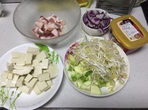 准备好五花肉切片、豆腐切块、西葫芦切块、豆芽摘好、洋葱切碎，韩式辣椒酱、大酱。