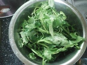 1.空心菜择段洗净沥水，大蒜切碎。