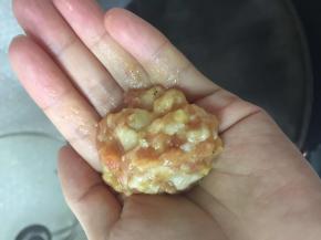 将搅拌好的肉馅捏成如图所示的小肉圆。越圆越好。