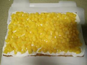 隔冰水打发奶油至硬性，在蛋糕胚上铺满奶油水果