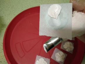 调入牙签尖的粉色食用色素，用104花嘴挤出5瓣花