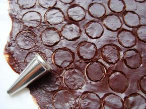 巧克力融化后倒在油纸上，用刮板铺平待稍凝固状态下，用裱花嘴刻出小圆片，做七星瓢虫背上的小圆点。完全凝固晾干后即可揭下小圆片。再画几个八字形的触角。