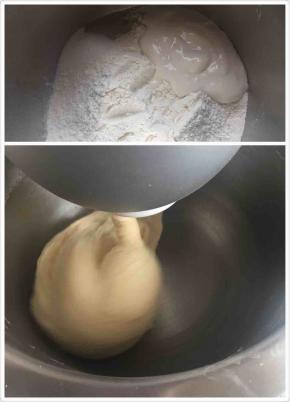 面团材料中除黄油和盐以外的材料揉成扩展阶段，然后加入黄油和盐揉到完全阶段。
