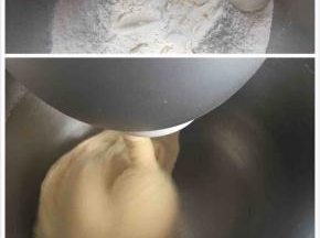 面团材料中除黄油和盐以外的材料揉成扩展阶段，然后加入黄油和盐揉到完全阶段。
