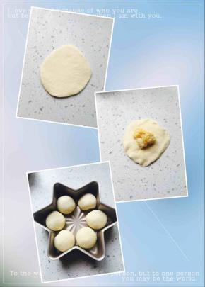 面团排气，擀成一个圆饼状，包入馅料，捏紧底部滚圆，放入模具中排好。
