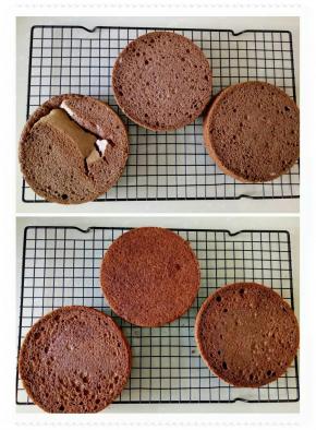 完全晾凉脱膜，平均分成三片，全部刷上樱桃酒