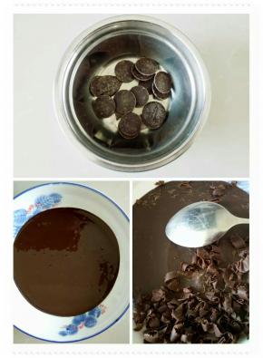 巧克力隔水融化，倒入盘子中入冰箱冷藏冷却，用勺子刮出巧克力屑