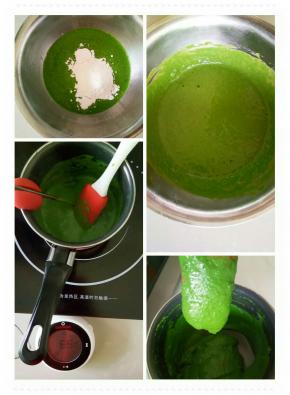 高筋粉加100克菠菜汁搅均匀，倒入小奶锅一直搅拌，煮到65度，离火继续搅拌一会儿，放到一旁备用