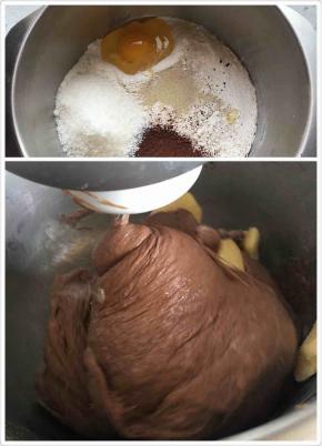 将主材料全部放在盆里揉到扩展阶段，放入黄油和盐，揉到完全阶段。最后将巧克力豆揉进去。