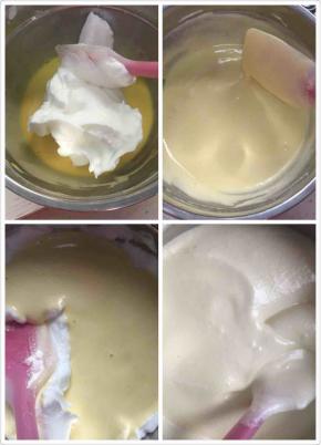 7:拿三分之一蛋白糊放入蛋黄糊中，用刮刀翻拌均匀。然后再把蛋黄糊倒入剩余蛋白糊中，翻拌均匀。