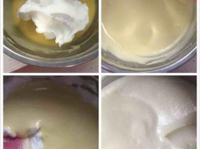 7:拿三分之一蛋白糊放入蛋黄糊中，用刮刀翻拌均匀。然后再把蛋黄糊倒入剩余蛋白糊中，翻拌均匀。