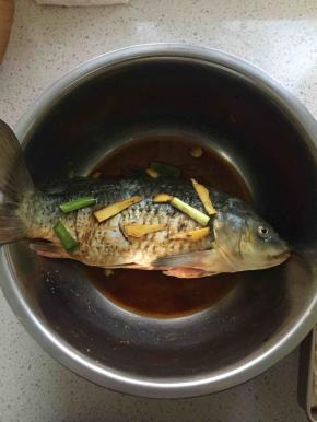 先把鱼清洗干净，鱼背上打花刀，然后加入适量料酒、生抽、盐、十三香、葱姜腌制半小时至一个小时。