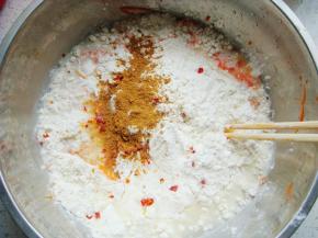 加入盐，五香粉（喜欢辣的可以加入辣椒粉）。