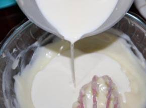 4分次加入到乳酪糊里，搅拌均匀。