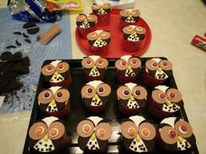 用饼干碎做成猫头鹰肚皮上的羽毛