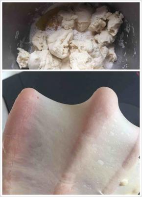 主面团里除去黄油和盐，其它材料称好放入盆中，将中种面团切割或者撕成小块，放入盆中一起揉至扩展阶段，放入黄油和盐揉至完全阶段。