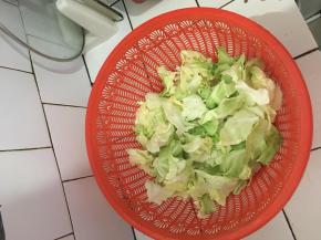 包菜洗净，用手撕成适量大小，可以在框里控水