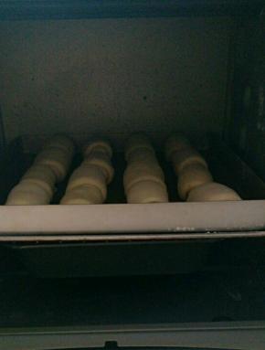 开始发酵，家里的旧烤箱坏了，我没有扔掉，就用它来发面，把面包放进烤箱里，下面放盆开门，烤箱门关好就可以了，中间水凉了换开水