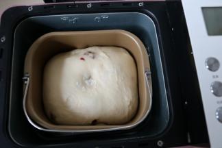 5启动面包机发酵功能，进行基础发酵，或者直接盖上面包机盖子发酵液可以，夏天室温高，完全可以室温发酵。发酵至原面团2倍或者2倍半大，手指沾面粉戳孔，不回缩慢慢回弹即可。