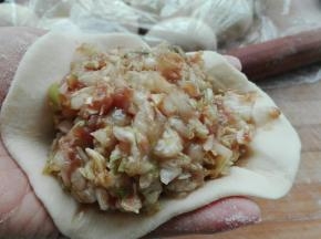 取一个剂子擀成皮，放入适量菜馅