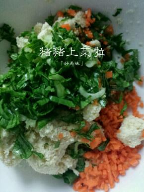 胡萝卜青菜都切碎放进豆渣里