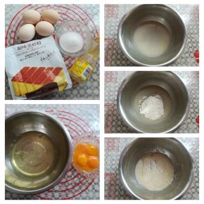 准备好做蛋糕胚的材料，找一个无水无油的盆子分离蛋清和蛋黄，在准备一个干净的小盆，依次放入水，糖10克，玉米油，用手动打蛋器快速搅拌到盆内液体完全乳化，加入过筛的低筋面粉，十字切拌手法拌匀，不要画圈搅拌，容易起筋