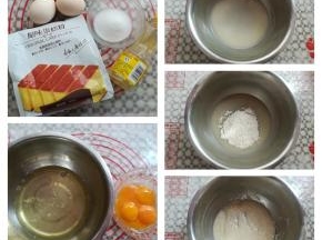 准备好做蛋糕胚的材料，找一个无水无油的盆子分离蛋清和蛋黄，在准备一个干净的小盆，依次放入水，糖10克，玉米油，用手动打蛋器快速搅拌到盆内液体完全乳化，加入过筛的低筋面粉，十字切拌手法拌匀，不要画圈搅拌，容易起筋