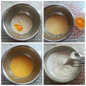 面糊里加入一个蛋黄，拌匀后再加入另外一个蛋黄，蛋黄糊搅拌好，放一边备用，同时预热烤箱，上火130度，下火170度，打发蛋白，30克糖分3次加入，打发到湿性发泡