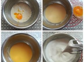 面糊里加入一个蛋黄，拌匀后再加入另外一个蛋黄，蛋黄糊搅拌好，放一边备用，同时预热烤箱，上火130度，下火170度，打发蛋白，30克糖分3次加入，打发到湿性发泡