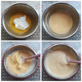 取三分之一蛋白霜放入蛋黄糊，2-8点钟方向手法翻拌均匀，把蛋黄糊倒回装有蛋白的盆里，继续同样手法翻拌均匀