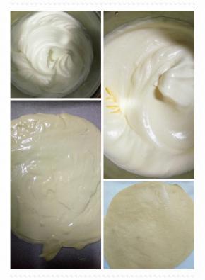 细砂糖分三次加入蛋清打到小弯钩，加入蛋黄打几圈，筛入低筋粉拌匀，铺在烤盘上，预热好的烤箱190度15分钟（时间和温度根据自家烤箱调整）