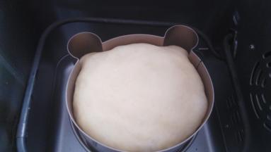 面团发酵到小熊模具的9分满，我用的面包机在发酵时温度比较好，30分钟就发好了