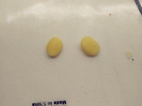 两个1g的黄色小剂子整形成水滴形，做小鸡的两只手，用棉枝蘸一点水，涂抹一下背面，将它们贴在合适的位置。（记得水滴面片的尾端不要完全贴住）。