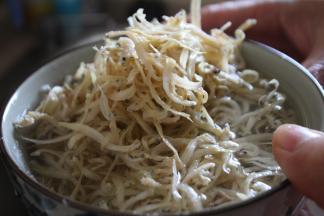 把买回来的银鱼清洗后用温水泡两个小时左右，泡至没有硬心，然后捞起冲洗一下沥干水分备用。银鱼干一定要泡透泡软，不然口感会发硬