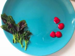 上面下面都可以点缀一些小花小草什么的，我这次用水果红萝卜的皮，薄薄切下来，在盘子上方做小花儿。