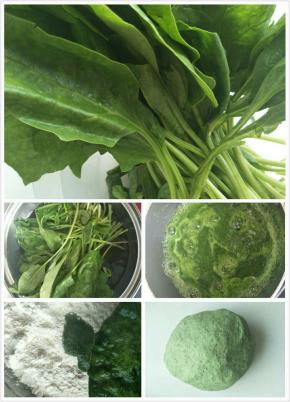 
菠菜过水榨汁，用小锅煮开，烫水和面，和好的面团光滑不沾手。