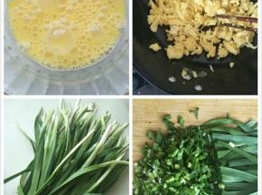 
韭菜洗净切碎
鸡蛋打散油锅煎小块（用筷子不停搅动煎出来的鸡蛋就是碎粒）