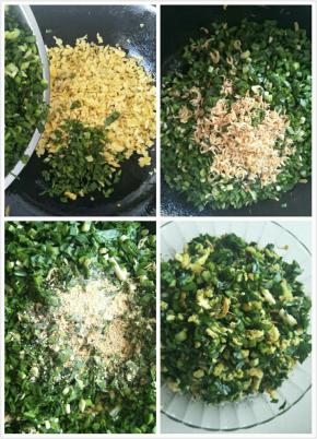 
切好的韭菜倒入鸡蛋锅中放入小虾米，盐，花椒，鸡精搅拌均匀。