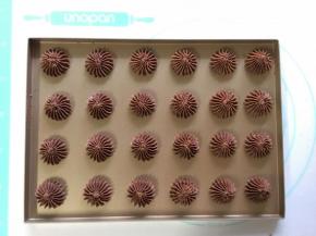 取一个屋诺UN10008浅烤盘，垂直挤入可可淡奶油面糊（每一个大小厚度要均匀）