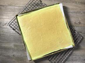 出炉后震一下模并拉住油纸将蛋糕体取出待凉（稍凉后上面可覆盖一张油纸以免蛋糕表面被风干）。