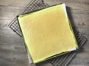 出炉后震一下模并拉住油纸将蛋糕体取出待凉（稍凉后上面可覆盖一张油纸以免蛋糕表面被风干）。