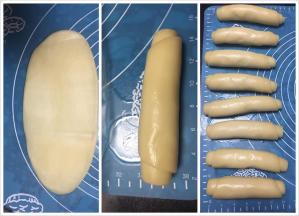 取一个面团擀成长舌状，由上至下卷起，依次全部做好