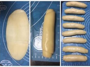 取一个面团擀成长舌状，由上至下卷起，依次全部做好