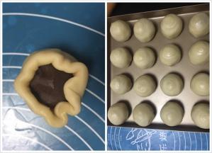 包入豆沙，捏住收口，依次全部做好，烤箱预热200度