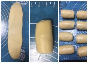取一个卷好的面团再次擀成长舌状，由上至下卷起，依次全部做好