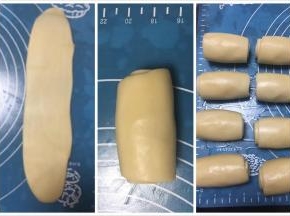 取一个卷好的面团再次擀成长舌状，由上至下卷起，依次全部做好