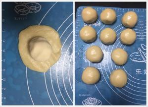 拿一个油皮擀开包入油酥，收口朝下盖保鲜膜放好，记住一定要盖保鲜膜，要不然到最后皮干不好包了，依次全部做好