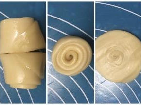 取一个面团中间切开，切口朝下用手掌按瘪，擀成圆形